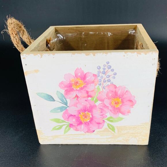 Decorative Wooden Box Tina Wenke Small Rope Handle Pink Floral Arrangement Gift - Picture 10 of 12